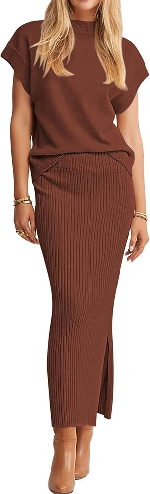 Pink Queen Women's 2 Piece Sweater Outfits Set Summer Cap Sleeve Tops Bodycon Maxi Long Skirt Kni... | Amazon (US)