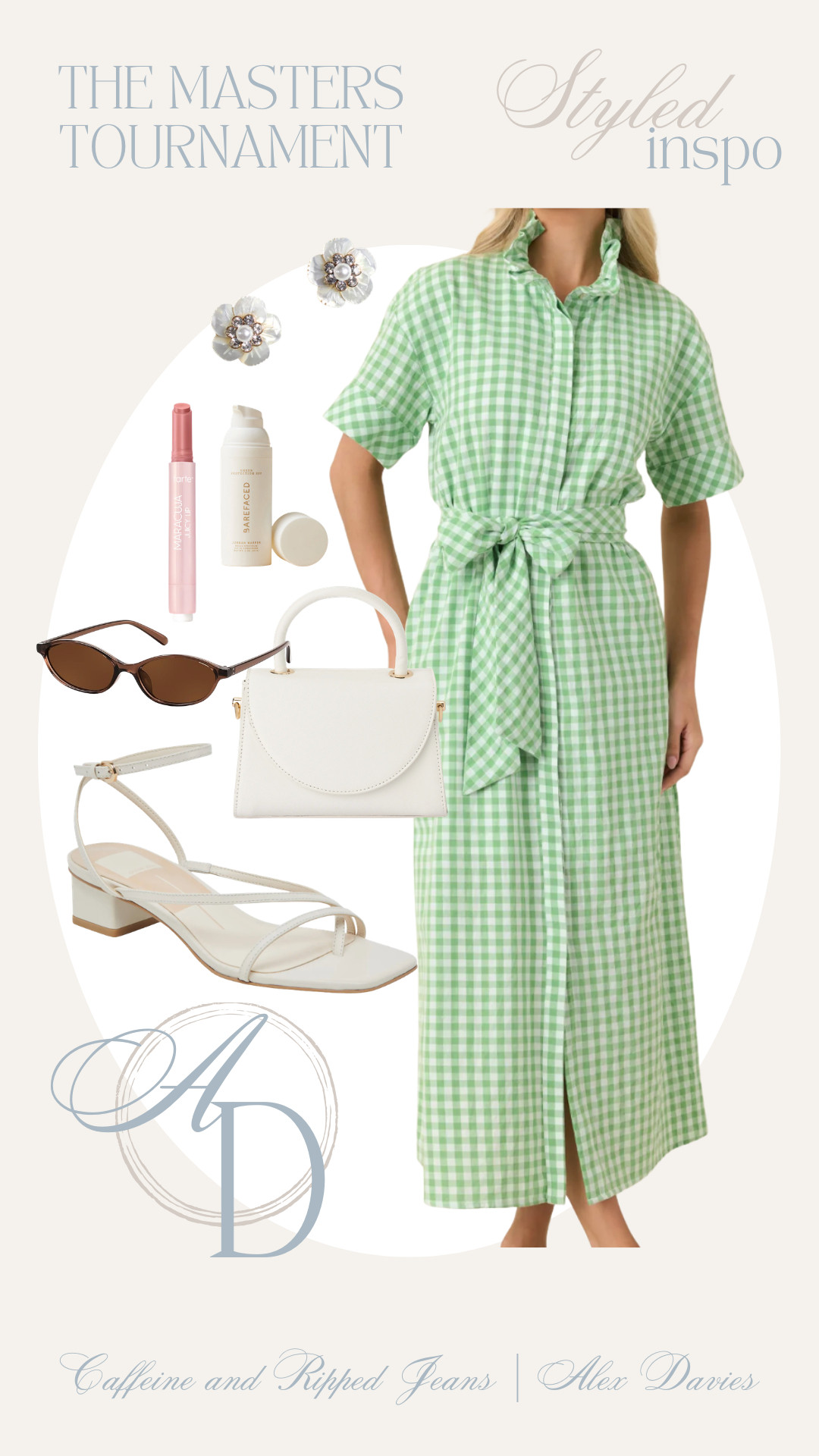 // masters tournament outfit inspo // spring dress // gingham maxi dress // top handle bag // sunglasses // tarte maracjua lip // cute earrings // 

 #LTKgrwm #LTKootd #LTKSeasonal