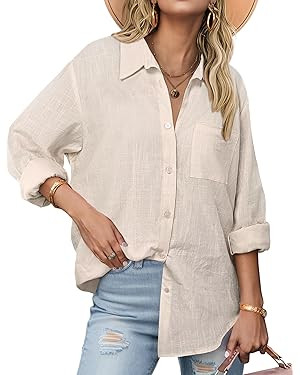 Zeagoo Womens Button Down Shirts Long Sleeve Cotton Gauze Tops Casual Collared Blouses Loose Fit | Amazon (US)