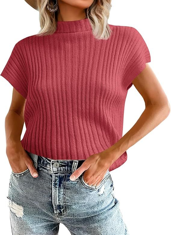 Saodimallsu Womens Mock Neck Sweater Vest Cap Sleeve Summer Going Out Tops Sleeveless Ribbed Knit... | Amazon (US)