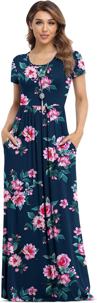 VIISHOW Women's Short Sleeve Loose Plain Maxi Dresses Casual Long Dresses with Pockets | Amazon (US)