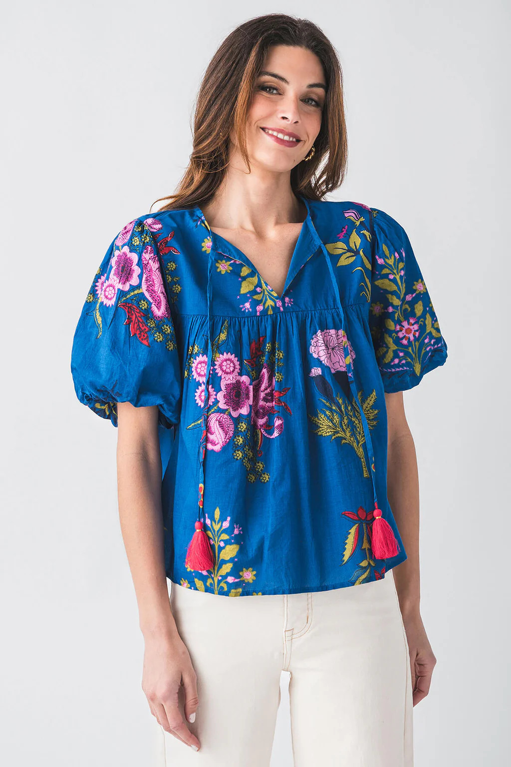 THML Birdie Printed Puff Sleeve Tassel Tie Blouse | Social Threads