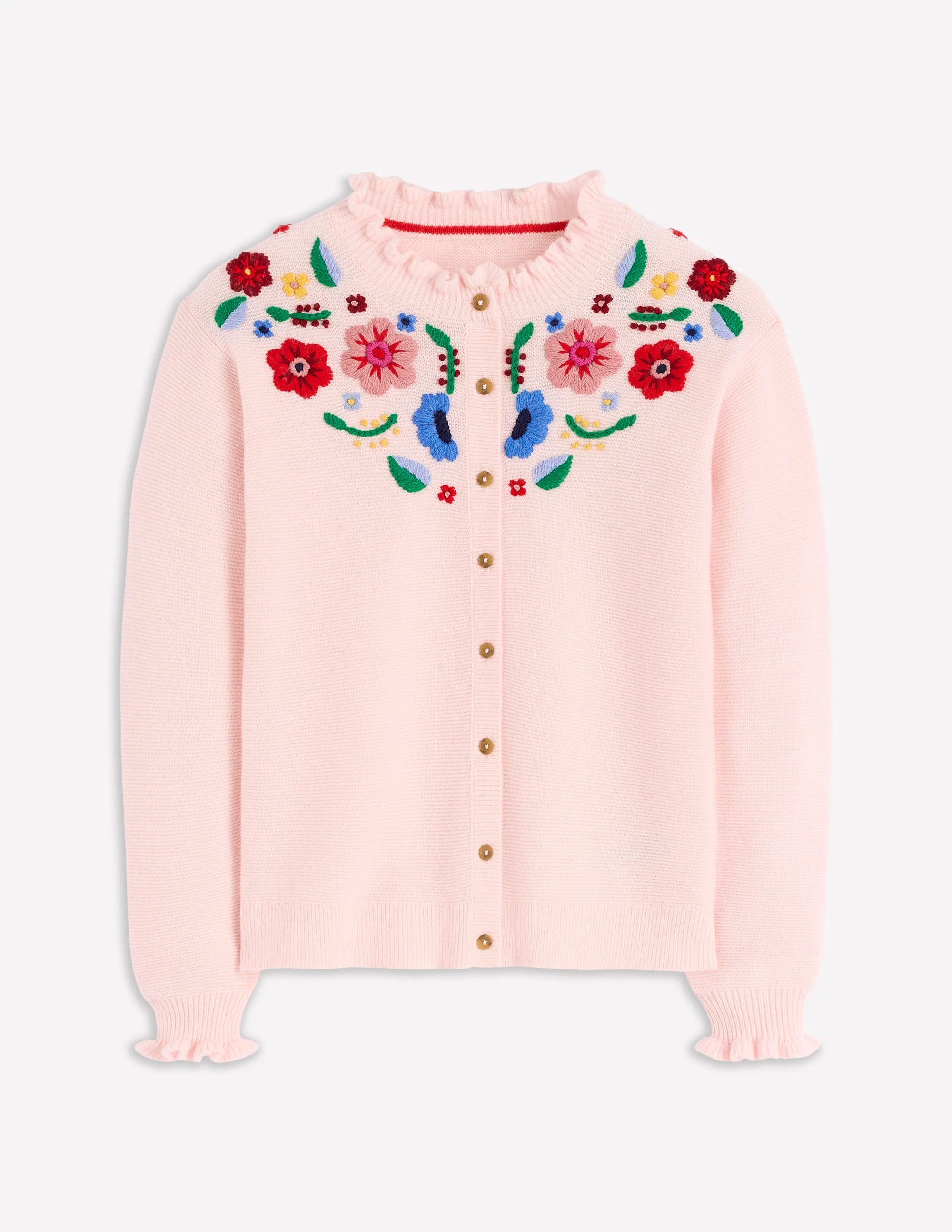 Embroidered Frill Cardigan-Blooming Pink | Boden (US)
