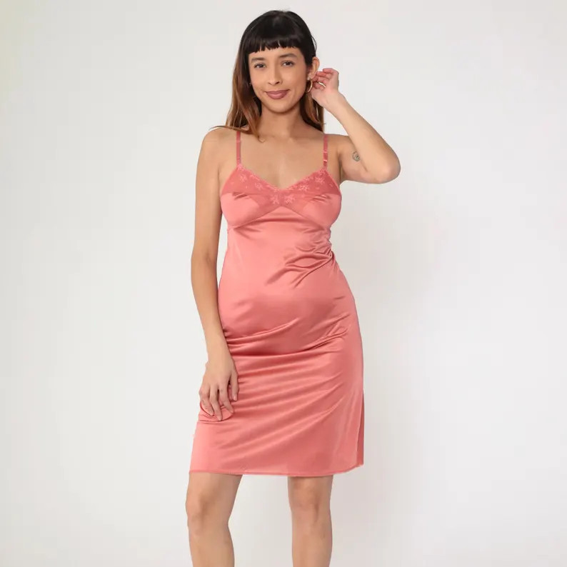 Vintage Pink Slip Dress 80s Sheer Lace Lingerie Mini Dress Nightie Full Empire Waist Spaghetti St... | Etsy (US)