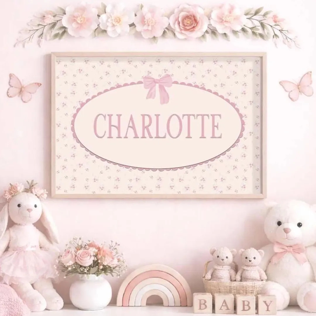 Personalized Baby Name Nursery Print, Floral Girl Name Wall Art, Pink Bow Nursery Decor - Etsy | Etsy (US)