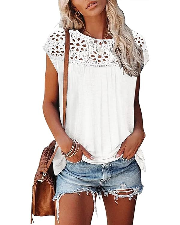 Womens Chic Hollow Summer Tops Cap Sleeve Tank Top Loose Fit T-Shirt | Amazon (US)