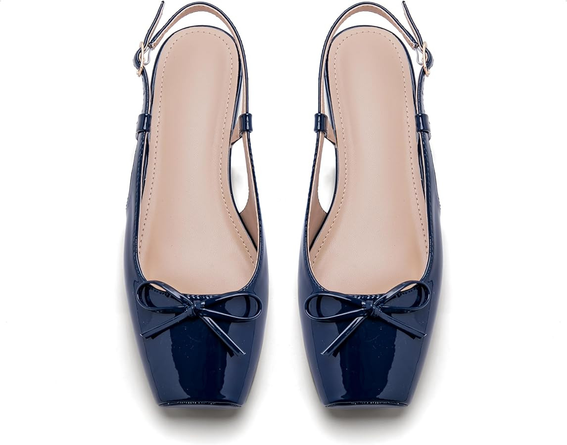 Women's Ballet Flats Slingbacks Square Toe Bow Knit Dressy Flat Shoes with Ankle Buckles Satin | Amazon (US)