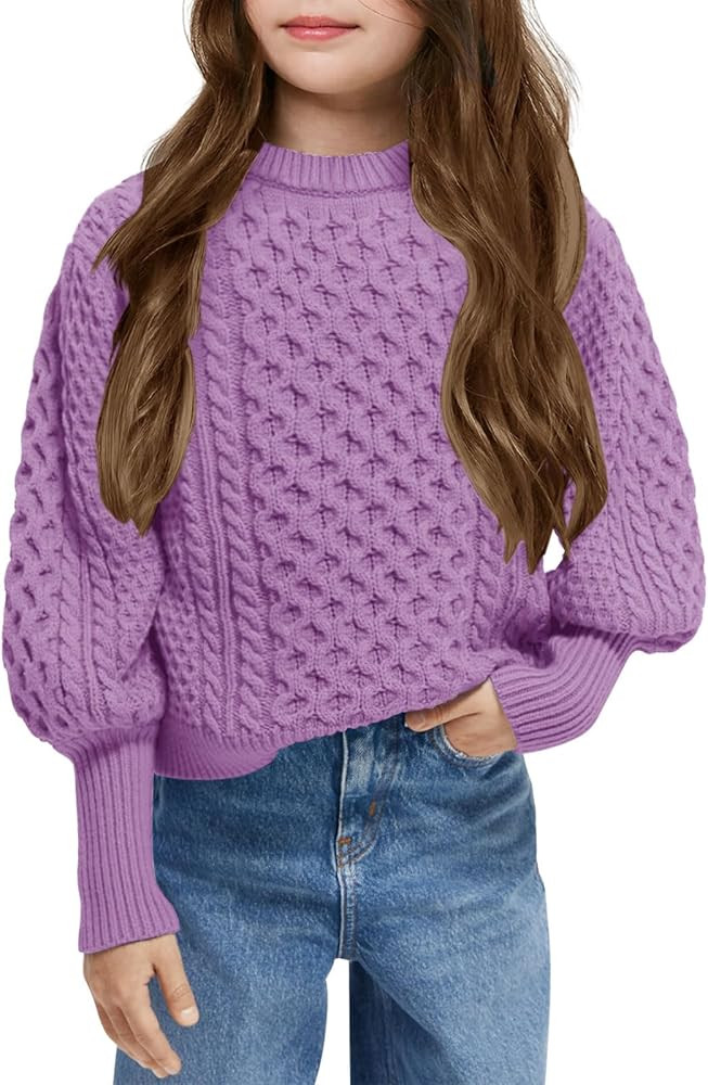 rrhss Girls Cable Knit Sweaters Kids Fall Fashion Puff Sleeve Ribbed Cuffs Crewneck Clothes 5-14 ... | Amazon (US)