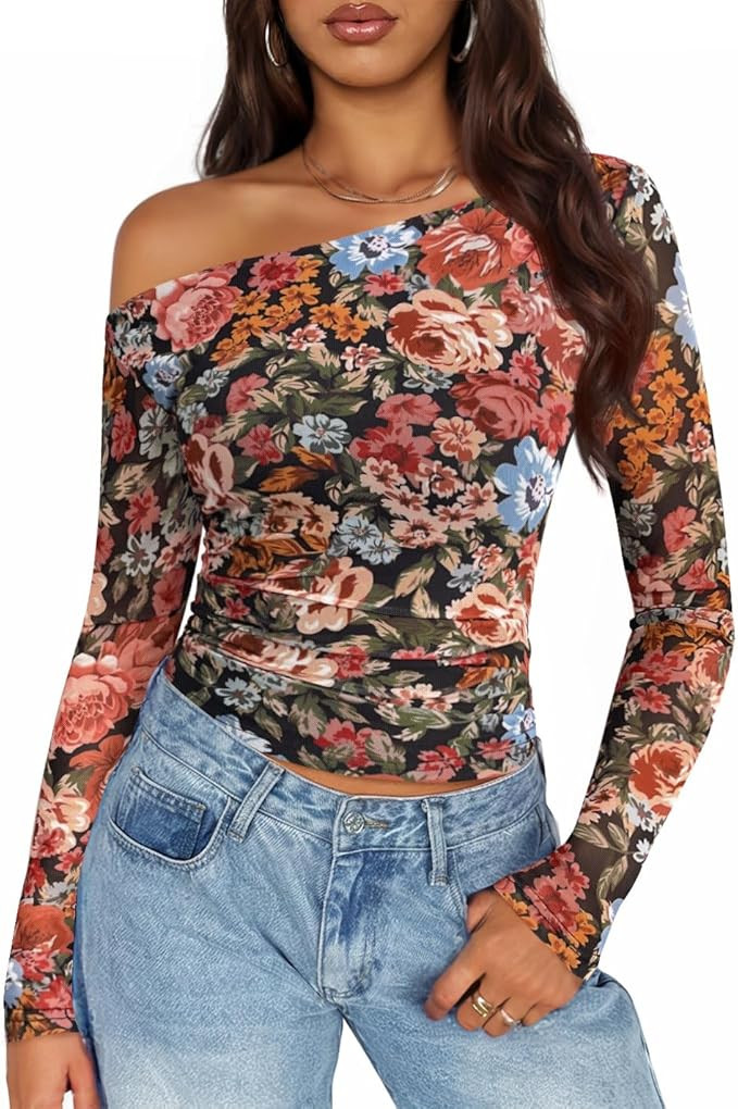 ZESICA Women's Floral Off Shoulder Long Sleeve Tops 2025 Fall Mesh Ruched Fitted Trendy Going Out... | Amazon (US)