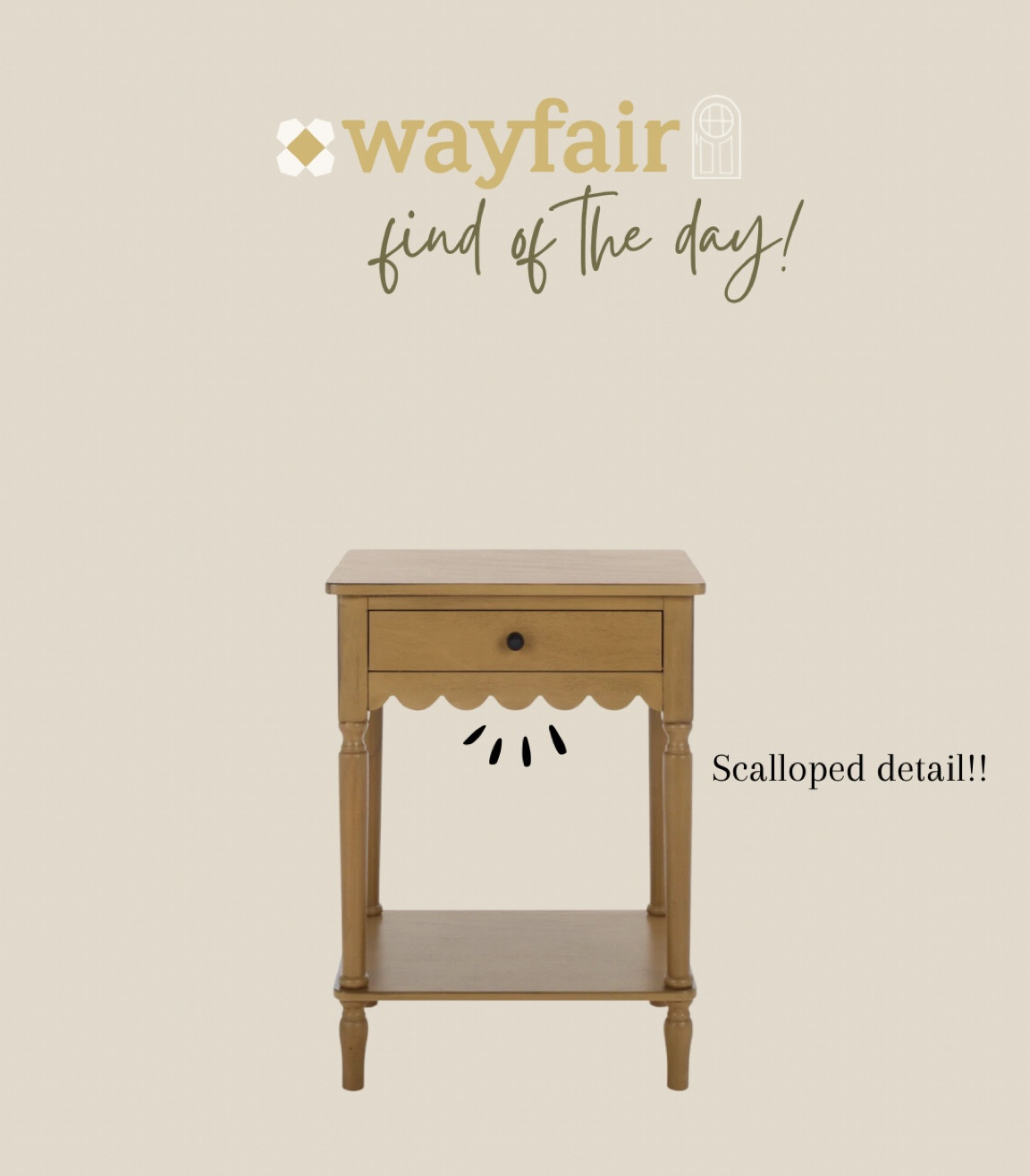 The cutest side table/ nightstand with scalloped detail!! It’s under $90 and comes in 4 colors!