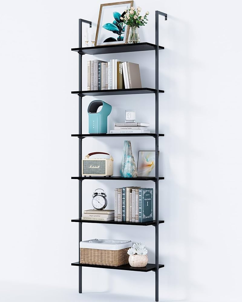 ODK 6-Tier Ladder Shelf, 87 Inches Wall Mounted Ladder Bookshelf with Metal Frame, Open Industrial Shelves for Home Office, Bedroom and Living Room, Black | Amazon (US)
