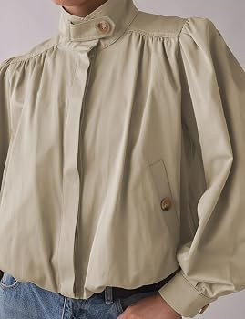 Womens Bomber Jacket Bubble Hem Lightweight Cropped Coat with High Stand Collar Puff Sleeves Casu... | Amazon (US)