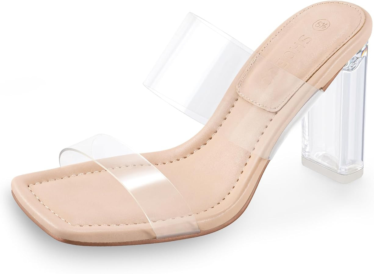 Clear Heels Mules Sandals for Women Transparent Two Strap Square Toe Backless Block Heel Slip on ... | Amazon (US)