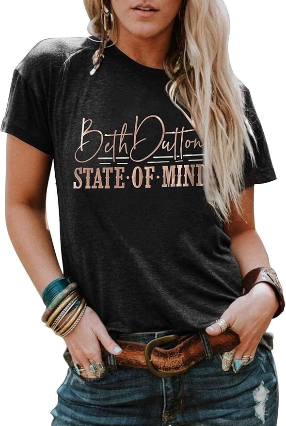 Beth Dutton State of Mind T Shirt Women Funny Letter Print Short-Sleeve Vintage TV Show Graphic T... | Amazon (US)
