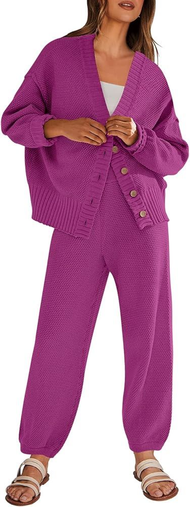 Caracilia Womens 2 Piece Outfits Knit Long Sleeve Cardigan Casual Sweater Pants Sets 2024 Fall Lo... | Amazon (US)