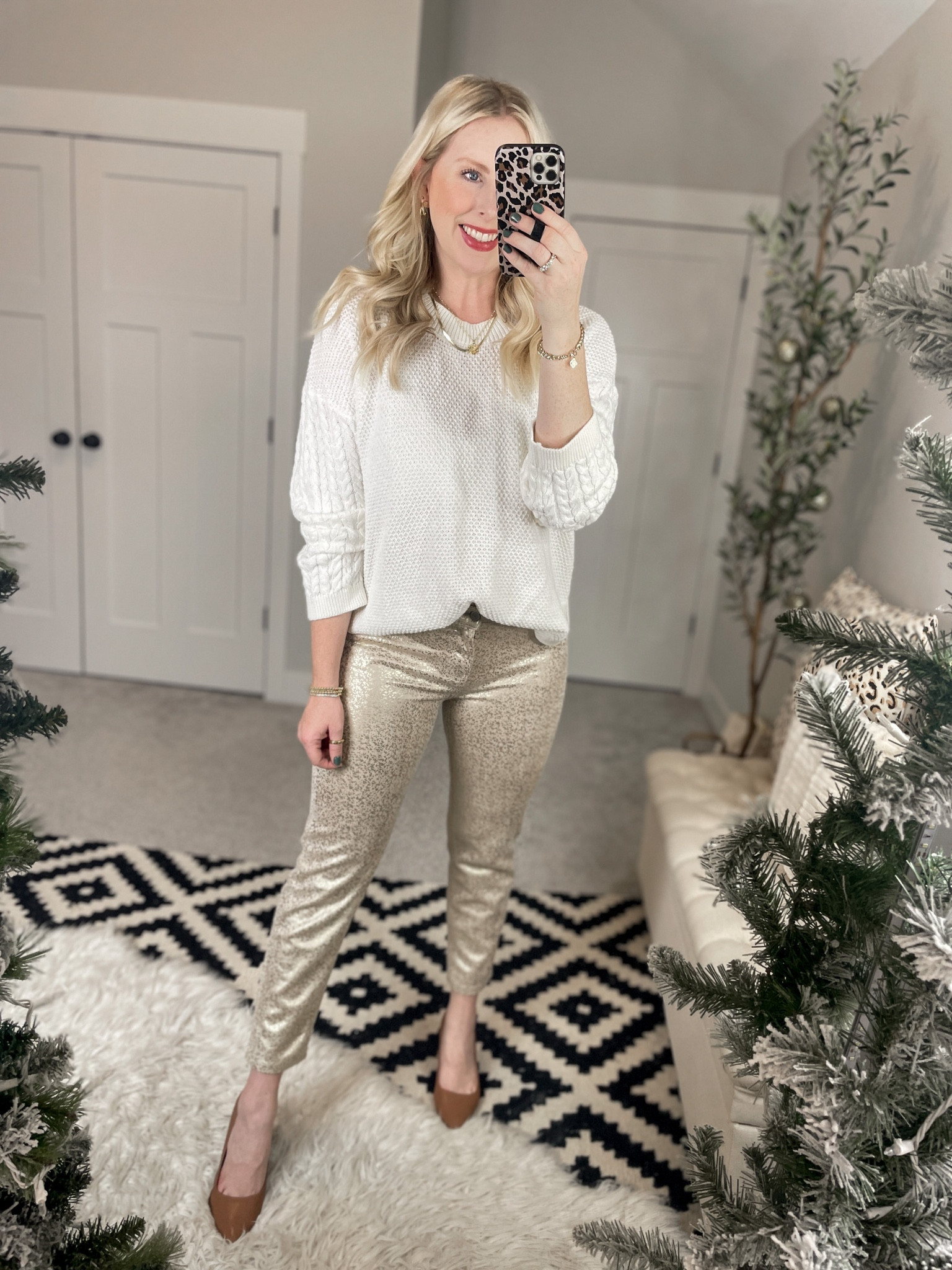 Weekend Walmart wins try on 
Sweater- m
Metallic pants- if between sizes, go up! 

#LTKunder50 #LTKHoliday #LTKstyletip