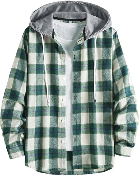 JMIERR Flannel Hoodies for Men Casual Button Down Plaid Long Sleeve Lightweight Shirts Jackets | Amazon (US)