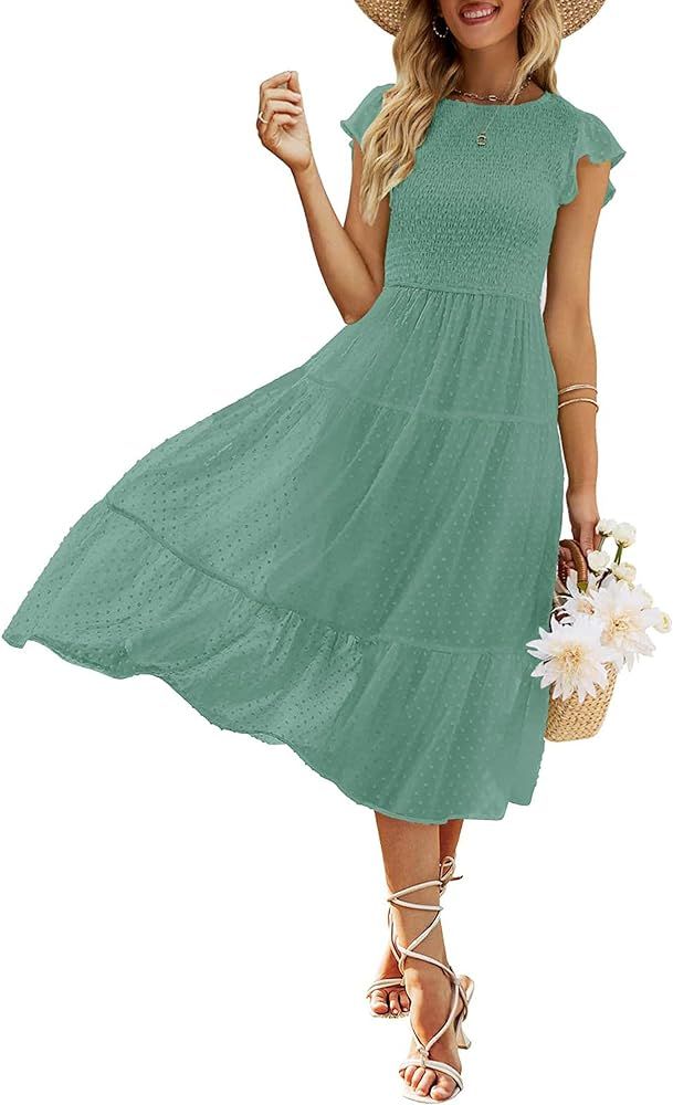 MEROKEETY Women's Summer Flutter Short Sleeve Smocked Midi Dress Swiss Dot Flowy Tiered Dresses | Amazon (US)