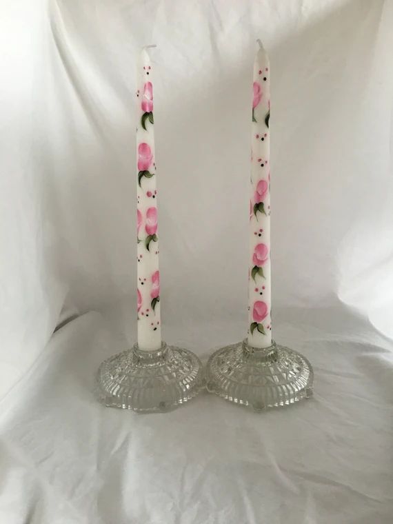Shabby Chic Candles  Pink Rose Buds Design. Pair of Taper | Etsy | Etsy (US)