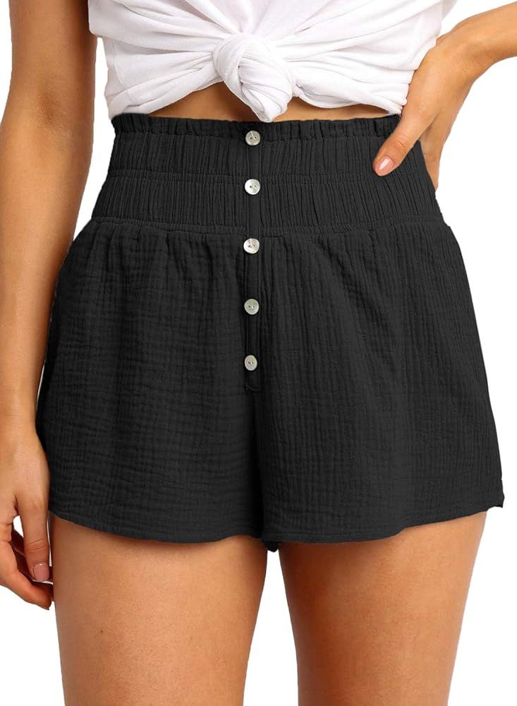 Dokotoo Womens Casual Summer Smocked Elastic Waist Comfy Button Detail Beach Shorts | Amazon (US)