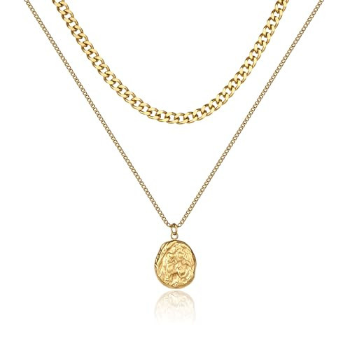 Lauren-Spencer Layered Necklaces for Women Chunky Gold Hammered Coin Necklace Pendant Stainless Steel Cuban Link Chain Necklace for Women Simple Necklaces | Amazon (US)