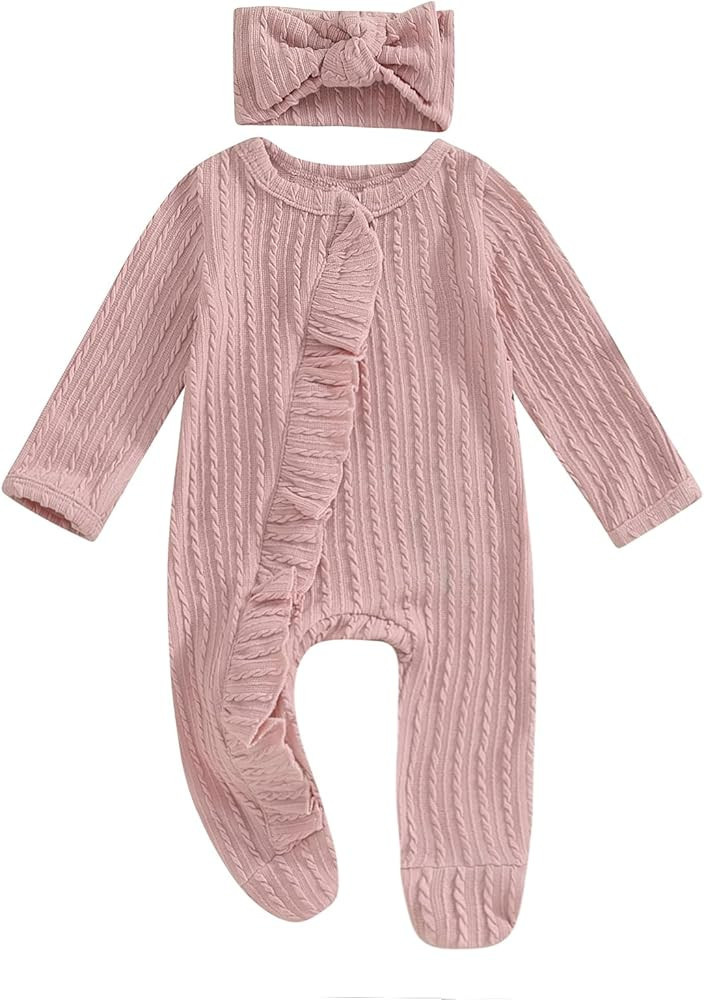 MoZiKQin Newborn Baby Girl Ruffle Romper Knit Sweater Onesie Jumpsuit Long Sleeve Zipper Onesie S... | Amazon (US)