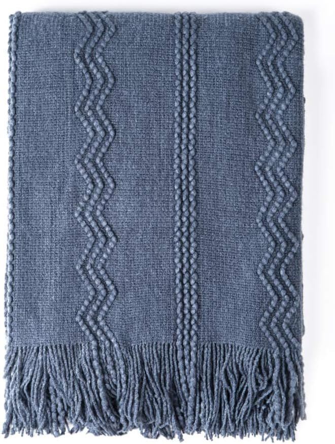 Bourina Textured Solid Soft Sofa Throw Couch Cover Knitted Decorative Blanket, Navy, 60" x 80" | Amazon (US)
