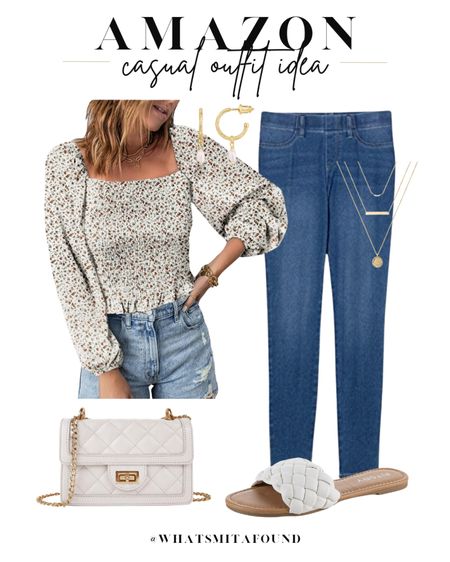 Amazon outfit idea, casual outfit idea, spring outfit idea, affordable outfit idea, smocked top, spring top, floral top, long sleeve top, trendy top, jeggings, high waisted jeggings, comfy jeggings, woven sandals, white sandals, slide sandals, spring sandals, white purse, quilted purse, crossbody purse, layered necklaces, dainty necklaces, pearl hoops, dainty hoops

#LTKitbag #LTKfindsunder50 #LTKshoecrush
