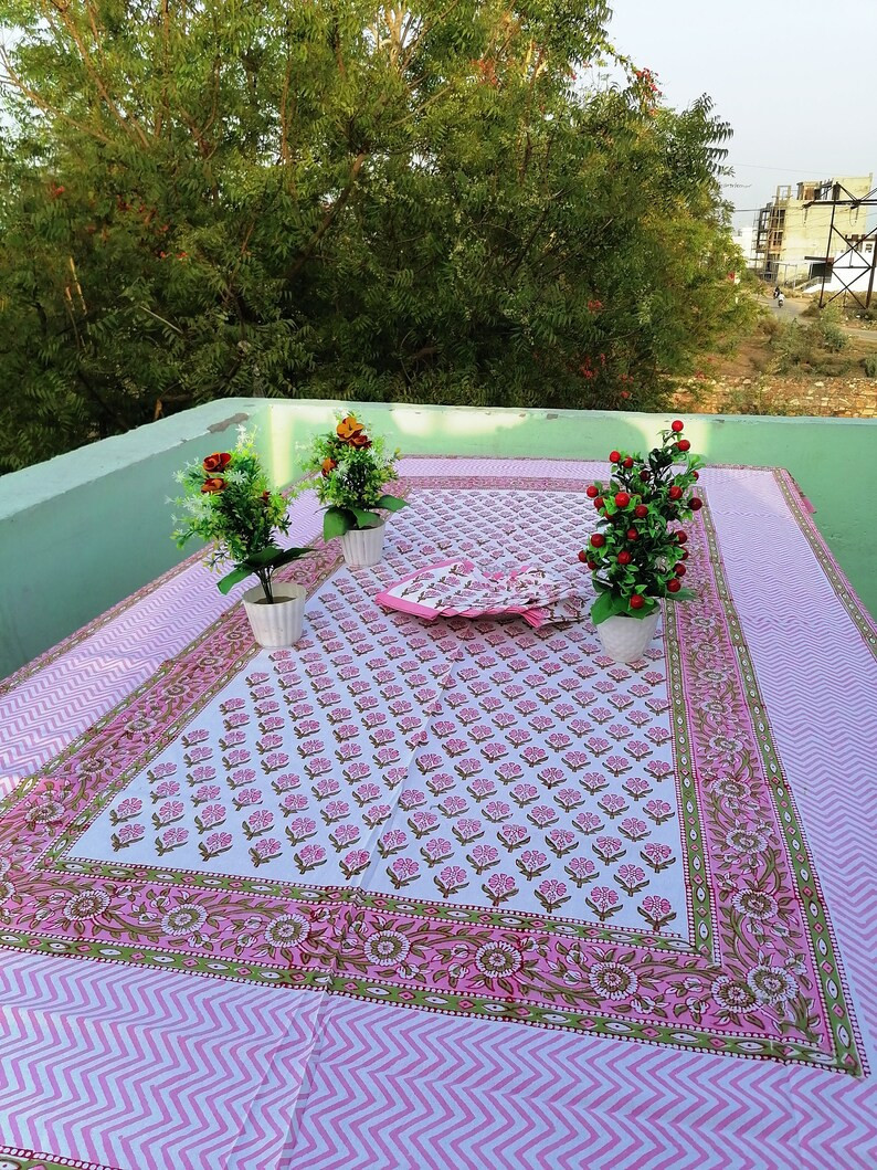 Indian Pink Print Tablecloth Flower Design Hand Block Printed Home Stead Table Cloths Cotton With... | Etsy (US)