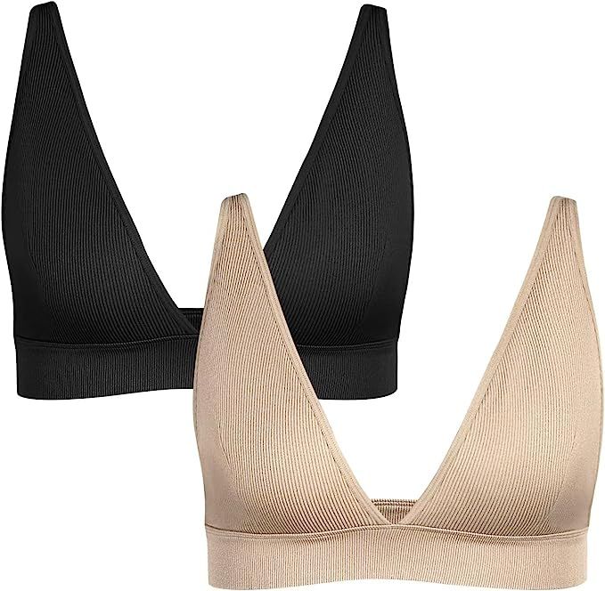 INIBUD Bralette for Women Summer Yoga Sports Ribbed Plunge Cami Bra Seamless V Neck Triangle Comf... | Amazon (US)