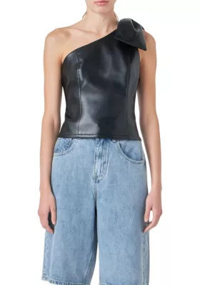 Grey Lab Women's Asymmetric Faux Leather Top with Bow Tie, Black, Small | Belk