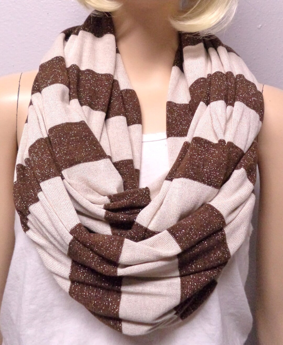 Brown & Light Tan With Sparkly Stripes Super Cute- Soft Sweater Knit Infinity Scarf - Etsy | Etsy (US)