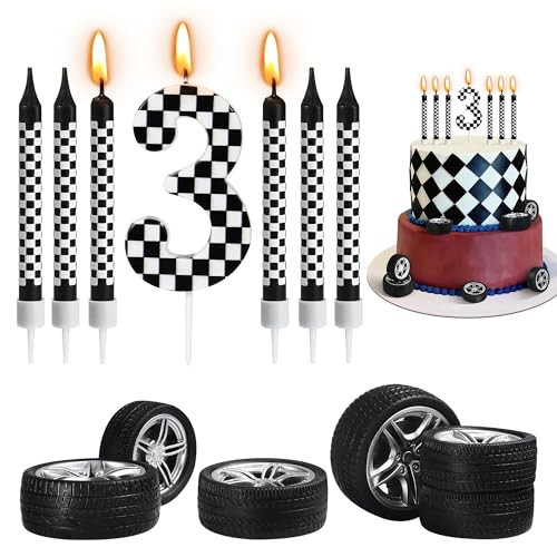13 Pcs Racing Cars Themed Birthday Candles, Black and White Checkered Birthday Cake Candles, Numeral 3 Candle Wheel Tire for Racing Car Party Decoration Theme Party Supplies (Number 3) | Amazon (US)