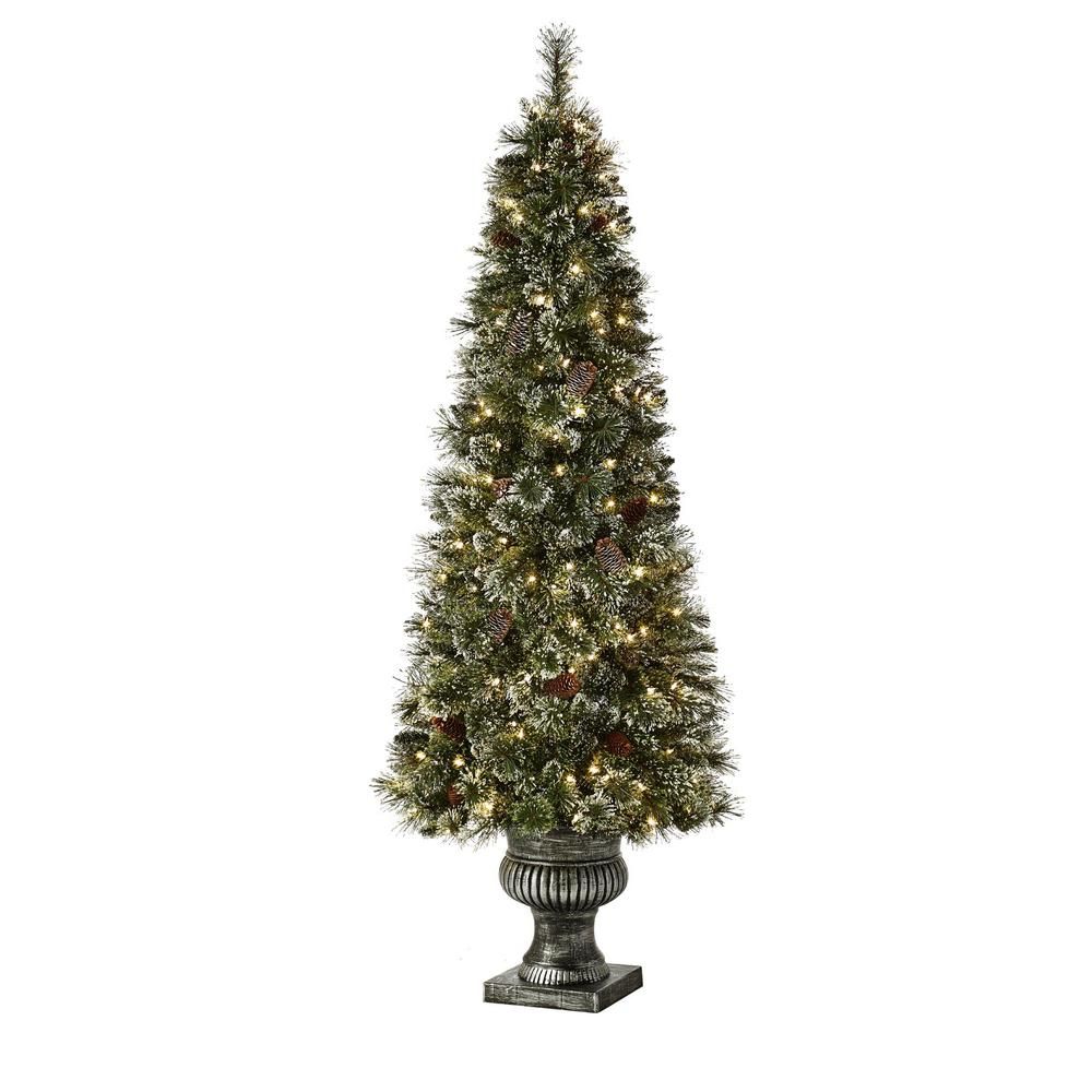 6.5 ft Sparkling Amelia Pine Potted Pre-Lit Artificial Christmas Tree with 200 White Lights | The Home Depot