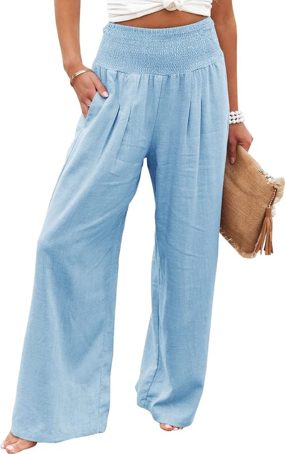 Yanekop Women Casual Wide Leg Palazzo Lounge Pants High Waist Smocked Trousers with Pockets | Amazon (US)