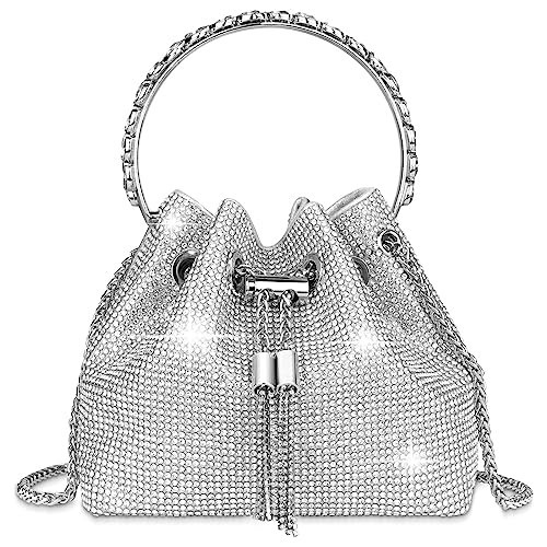 OSDUE Bling Crystal Rhinestone Purse for Women, Women Full Diamonds Bucket Handbag, Sparkly Clutch Handbag Crossbody Bag for Evening Party Prom Cocktail Wedding (Silver) | Amazon (US)