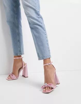 ASOS DESIGN Nella high-heeled sandals with crystal bow in pink | ASOS (Global)