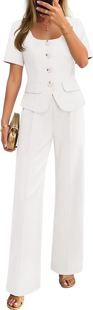 ZESICA Women's Summer Two Pieces Suits Set 2026 Short Sleeve Blazer Wide Leg Pants Business Casua... | Amazon (US)