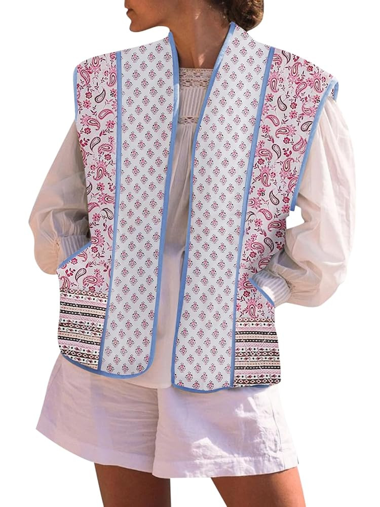 Tankaneo Womens Floral Quilted Puffer Vest Oversized Open Front Cap Sleeve Jacket Sleeveless Patc... | Amazon (US)