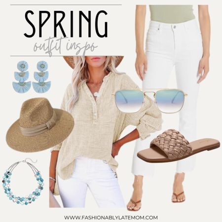 Spring outfit inspo! 
Fashionablylatemom 
Sandals 
Sunglasses 
Sun hat 

#LTKshoecrush #LTKstyletip