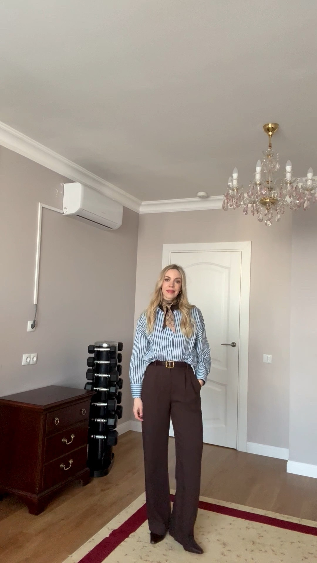 @Zara workwear, blue and brown striped shirt, @abercrombie chocolate brown Sloane trousers, Gucci silk scarf 

#LTKWorkwear #LTKootd #LTKOver40