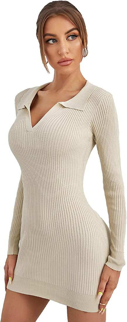 Floerns Women's Solid Long Sleeve Collar Rib Knit Bodycon Pencil Mini Dress | Amazon (US)