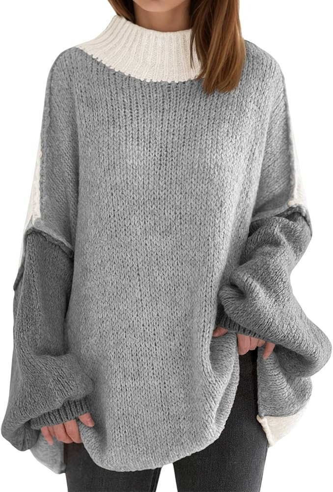 Saodimallsu Womens Oversized Tunic Sweaters Color Block Chunky Long Sleeve Mock Neck Slouchy Knit... | Amazon (US)