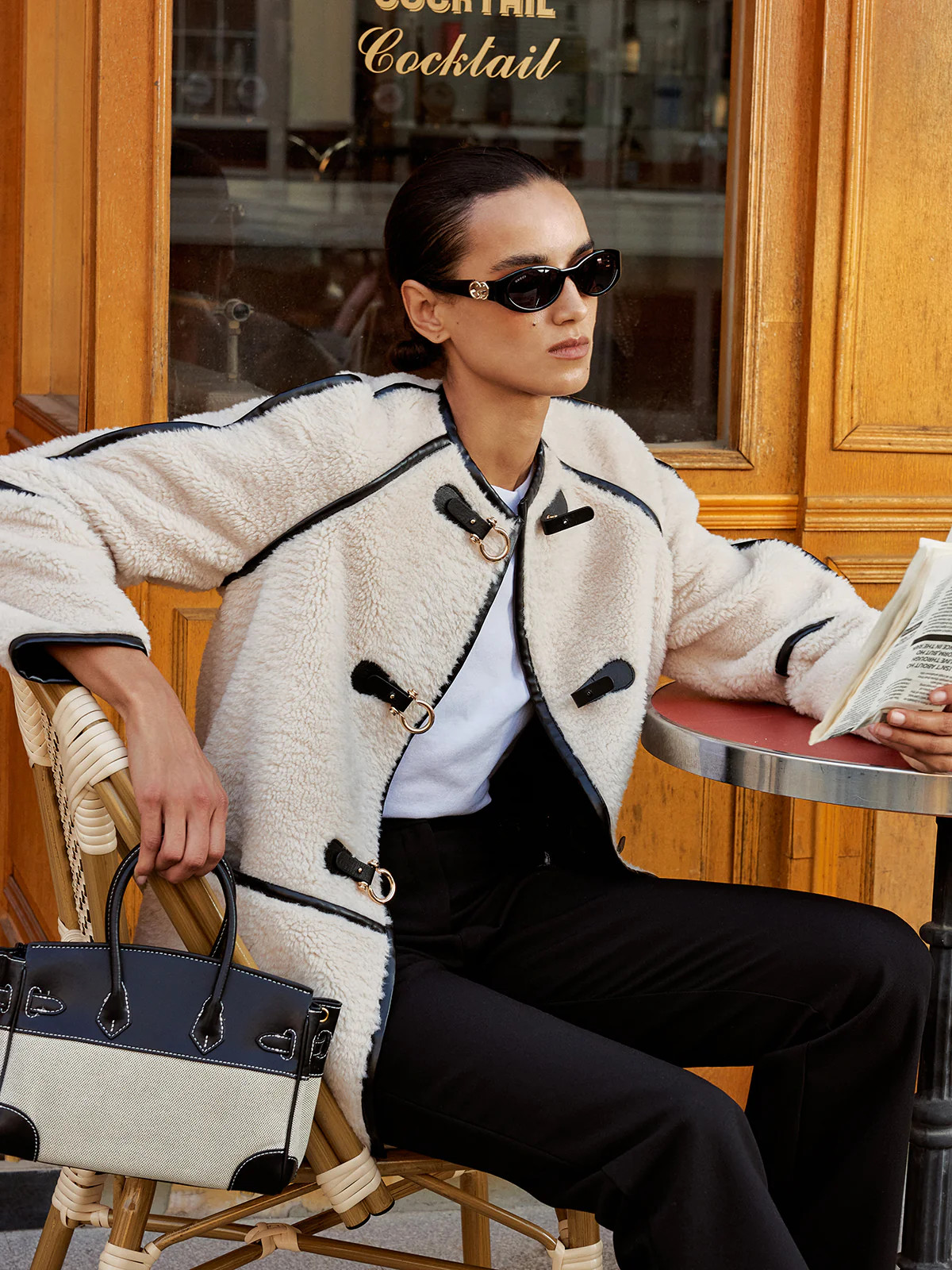 Buckle Detail Contrast Trim Faux Fur Coat | Commense