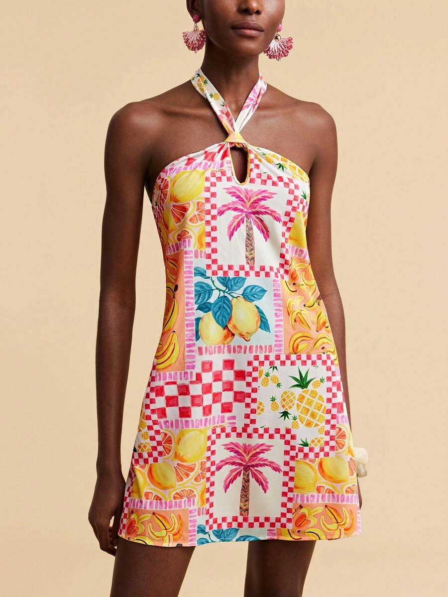 Travachic Women's White Tropical Print Halter Neck Vacation Dress,Summer Holiday Beach Outfits,Bo... | SHEIN