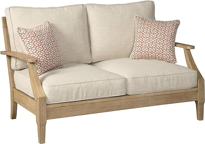 Signature Design by Ashley Clare View Coastal Outdoor Patio Eucalyptus Loveseat with Cushions, Be... | Amazon (US)