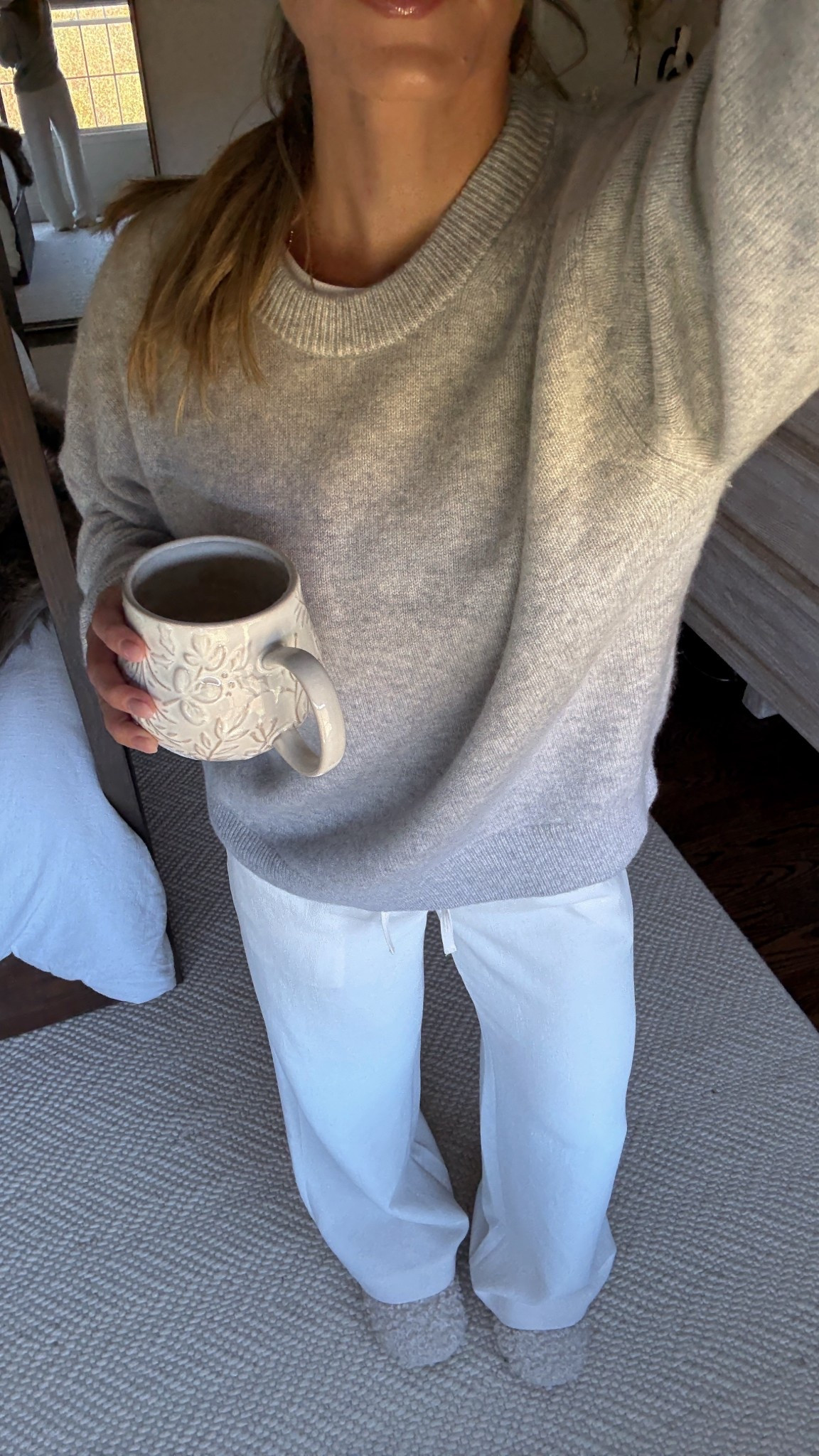 Work from home outfit, casual fall outfit wearing aritzia cashmere sweater with lodge pants. Medium in sweater and small in pants  
