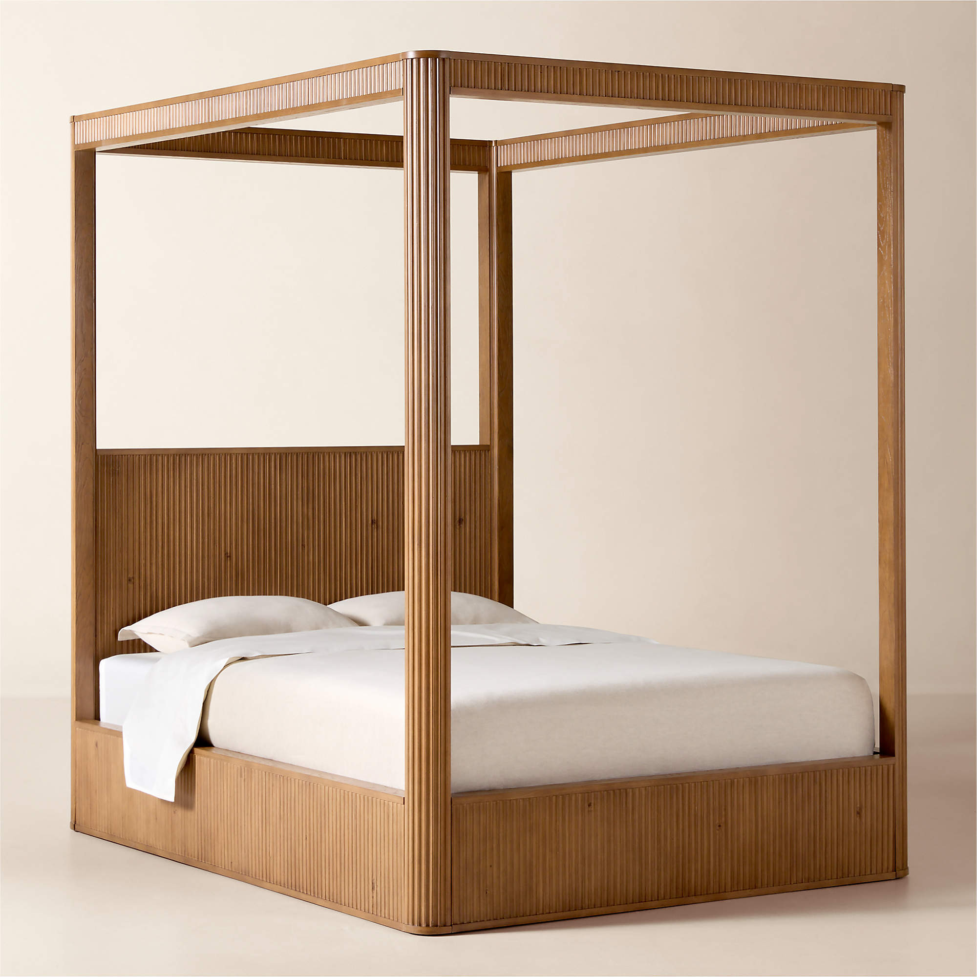 Davison Fluted Warm Brown Wood Queen Canopy Bed + Reviews | CB2 | CB2