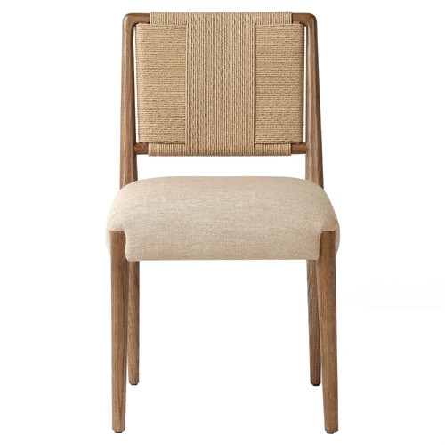 Ronan Coastal Beige Upholstered Seat Woven Rush Brown Oak Wood Dining Side Chair | Kathy Kuo Home