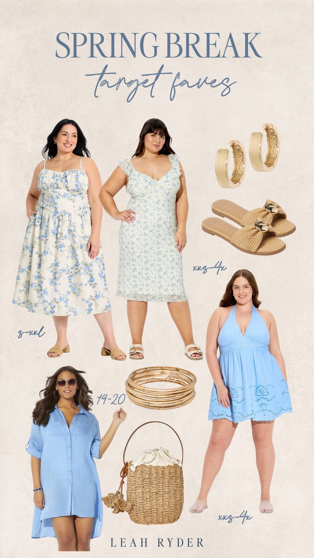 Spring break Target finds featuring plus size friendly dresses, swimsuits, and vacation outfits perfect for warm weather trips. This roundup includes floral midi dresses, a blue halter swimsuit, breezy coverups, woven sandals, gold hoop earrings, and straw bags for effortless beach and resort style. If you’re looking for affordable Target spring break outfits, plus size vacation dresses, and cute warm weather fashion, these Target favorites are perfect for beach trips, cruises, and spring vacations.

#LTKTravel #LTKSwim #LTKPlusSize